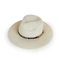 Detailed macro view of leopard print ribbon and gold buckle on a beige straw sun hat - M (56-58cm) / Leopard Belt Jazz Straw Hat / Beige