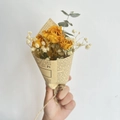 Handheld mini bouquet with yellow roses and dried babys breath in newspaper wrap - Vintage Mini Yellow Rose