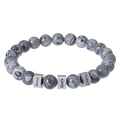 Close-up of personalized grey marble beads bracelet with engraved silver name cylinders - Map Stone / Single Name