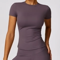 Short sleeve yoga top and high waist leggings set in dark purple quick-dry fabric - Eggplant Purple