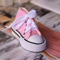 Pink canvas sneaker keychain with white laces and a polished silver metal ring - Pink