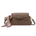 Brown leather crossbody flap bag with textured finish and heart print scarf detail - Khaki