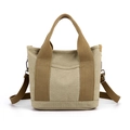Khaki canvas tote bag with brown straps and detachable shoulder strap in a casual style - Khaki