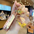 Yellow bear bubble tea keychain with brown silicone strap and gold bell charm accessory - Bear Milk Tea - Mug Shape