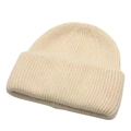 Winter rib-knit wool beanie in cream beige with a wide folded cuff for women - One Size / Beige