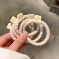 Five-piece set of pale pink high elasticity hair ties featuring yellow smiley face patches - Mesh Smile Tag / Beige Mesh Smile