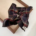 Classic plaid fabric hair scrunchie in deep blue tartan with decorative white woven label - 3# Blue and Red Vintage Plaid Hair Tie