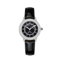 Black leather strap watch with star-pattern dial and double-row crystal bezel for women - Silver Case Black Leather Strap