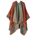 Red and blue double-sided reversible knit poncho cape with geometric patterns - Meander Pattern Orange Blue