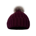 Detailed view of the burgundy ribbed knit beanie with a fluffy grey faux fur pom pom - One Size / Burgundy