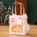 White gift bag with clear window and pink ribbon bow for wedding or celebration - Beige + Wedding Tag + Raffia