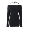 Black off-shoulder knit mini dress with halter neck tie and thumbhole long sleeves - S / Black