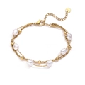 Gold plated stainless steel double layer bracelet with white baroque pearls and round tag - Gold Double Layer Pearl