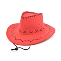 Detail of red faux suede cowboy hat with black stitching and adjustable windproof cord - Red