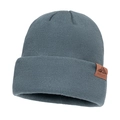 Unisex ribbed knit beanie in blue-grey with mountain leather patch for outdoor winter wear - Haze Blue