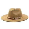 Détail d'un chapeau fedora en paille marron orné d'une chaîne en métal doré épais - M (56-58cm) / Kaki
