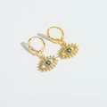Detailed close-up of golden triangle evil eye earrings with vibrant blue rhinestones - Sapphire Blue
