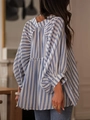 Back view of women's blue striped oversized blouse with lantern sleeves and pleat details - S / Blue and White Stripes