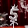 Silver number 5 birthday candle with crown and glittery bow detail, 6cm size - Number Candle Silver Crown Bow 5