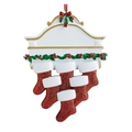 Personalized family Christmas mantel ornament with 5 red glitter stockings and nameplate - Family of 6 - Machine Printed