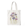 White canvas tote bag featuring purple floral watercolor print and sturdy handles - Style N-Purple Flower