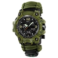 Army green survival watch with dual time display, paracord strap, and integrated compass - 827-14 Bare Watch