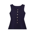 Detail showing deep navy knit vest with elegant gold button front and U-neckline - S / Navy Blue