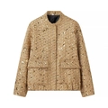 Short gold sequin tweed jacket with stand collar and flap pockets in a flat lay view - S / Gold