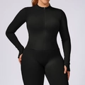 Women's black zip-up fitness set with slim fit long sleeve jacket and thumbhole cuffs - XXL / Outerwear / Premium Black