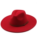 Top view of bright red wide brim fedora with brown leather band and metal buckle detail - Red