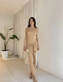 Elegant one-shoulder long sleeve maxi dress in camel with waist metal buckle detail - Apricot