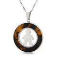 Minimalist silver necklace with tortoise shell round pendant and human silhouette - Steel Color Boy Silhouette (KP81103-KC)