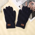 Dark blue knitted touchscreen gloves with diamond texture and leather winter patch - Rhombus Pattern / Navy Blue