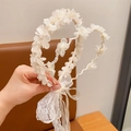 Handheld set of white lace flower headbands with pearls and long ribbon streamers - 2-Pack Flowers on Branches & Ethereal Flower