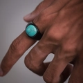 Vintage matte black titanium ring for men with round turquoise gemstone inlay - US-8 / Gun Black-Turquoise Texture