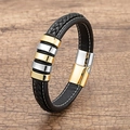 Men's braided leather bracelet with two-tone gold and silver metal rings and magnetic clasp - Gold + Silver