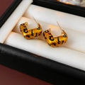 Close-up detail of vintage leopard print geometric earrings with gold plating and enamel - 26# Silver Studs - Enamel C-Shape Square Leopard