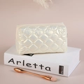 Chic beige quilted down makeup bag with glossy diamond pattern and zipper closure - White