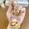 Fortune cat keychain with golden sequins in acrylic cube and matching gold bell - Lucky Cat Family - Cool Rich Cat / Individual Packaging