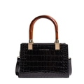 Black crocodile embossed patent leather handbag with amber resin handle for women - Black