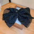 Detail einer schwarzen Netzschleifen-Haarklammer mit funkelnden Strasssteinen - Netz Strass Stil / 1# Federclip-Schwarz