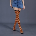Detail of orange and black striped over-knee socks with elastic knit texture - Orange and Black Fine Stripes