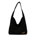 Grande borsa tote in velluto a coste nero da donna con etichetta in pelle minimalista - Nero