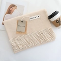 Solid beige faux cashmere scarf with fringe details and woven brand label - Marled Beige / 200cm
