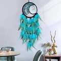 Blue-green moon dreamcatcher with agate stone tree of life and hanging feathers - Crystal Style / Blue