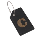 Custom black PU leather luggage tag featuring a gold glitter letter C and steel wire loop - Letter C