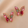 Macro shot of vintage butterfly stud earrings with pink rhinestones on silk - Colorful Butterfly Earrings (925 Silver Needle)