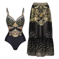 Elegant black and gold Baroque print one-piece swimsuit with matching long maxi skirt - Strap One-piece Umbrella Skirt Set