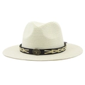 Detailed close-up of straw Fedora hat with western bull head metal buckle and cord - M (56-58cm) / Milk White