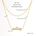 Detailed sizing of 18K gold plated T-bar pendant with double layer ball chain necklace - Gold